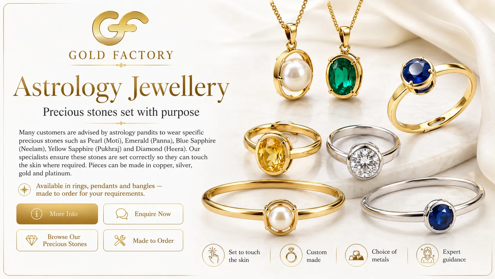 Astrology jewellery from Gold Factory, precious stones set with purpose in rings, pendants and bangles