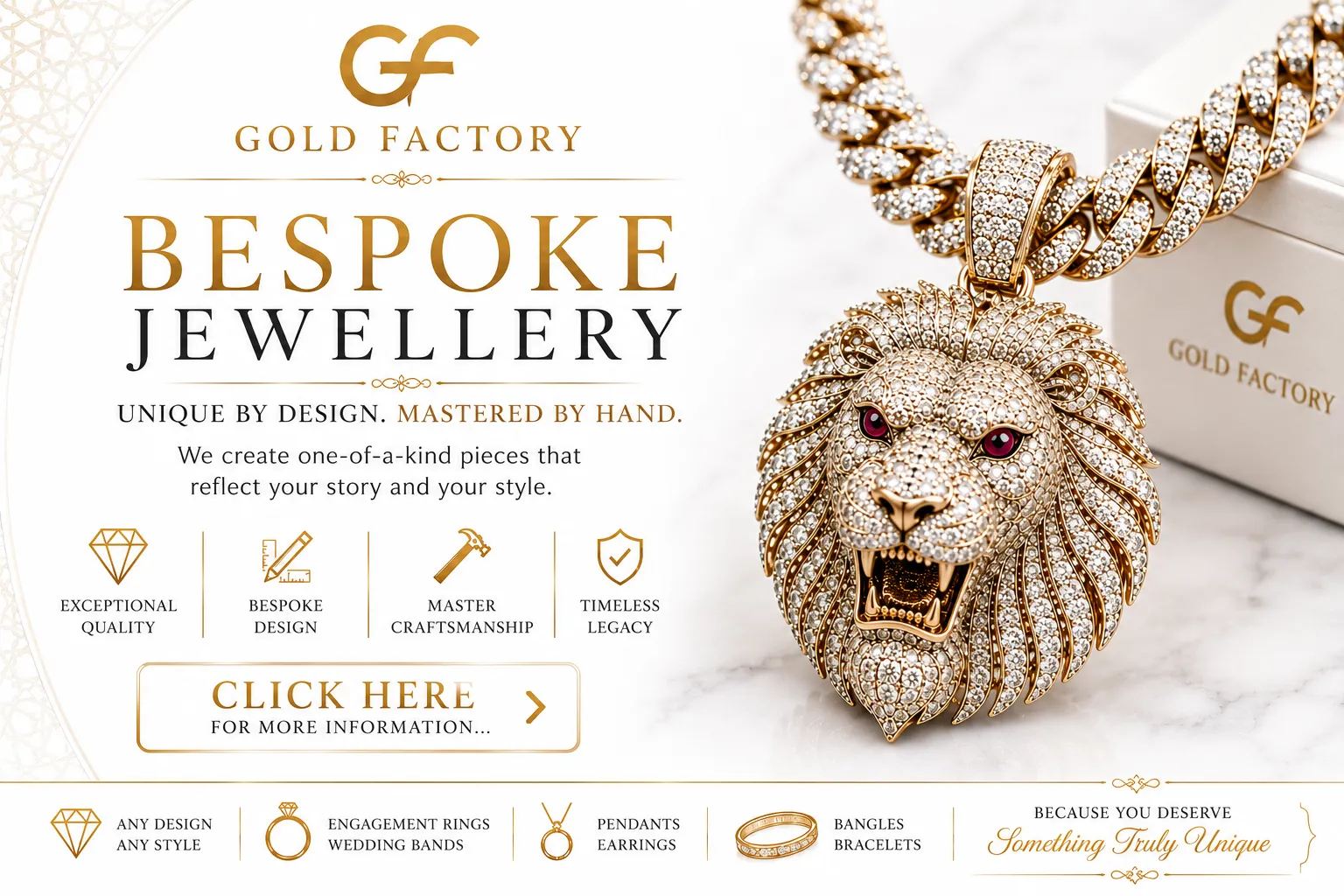 Bespoke jewellery hand made by Gold Factory, a diamond set gold lion pendant on a Cuban link chain