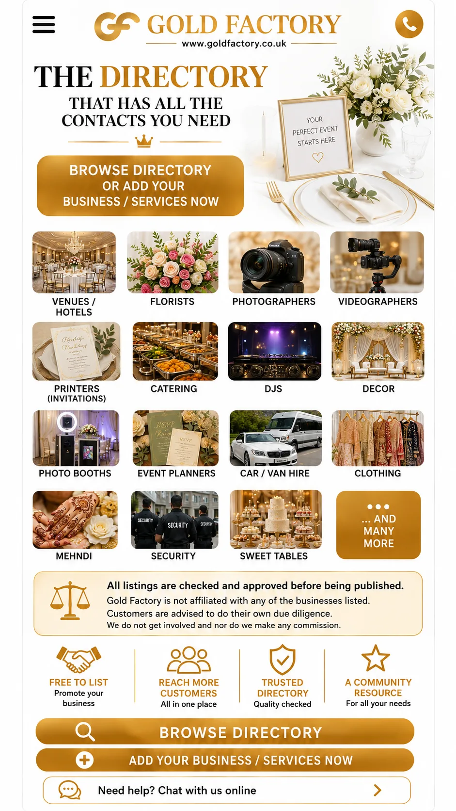 The Gold Factory directory of wedding and event suppliers, from venues and florists to photographers and caterers