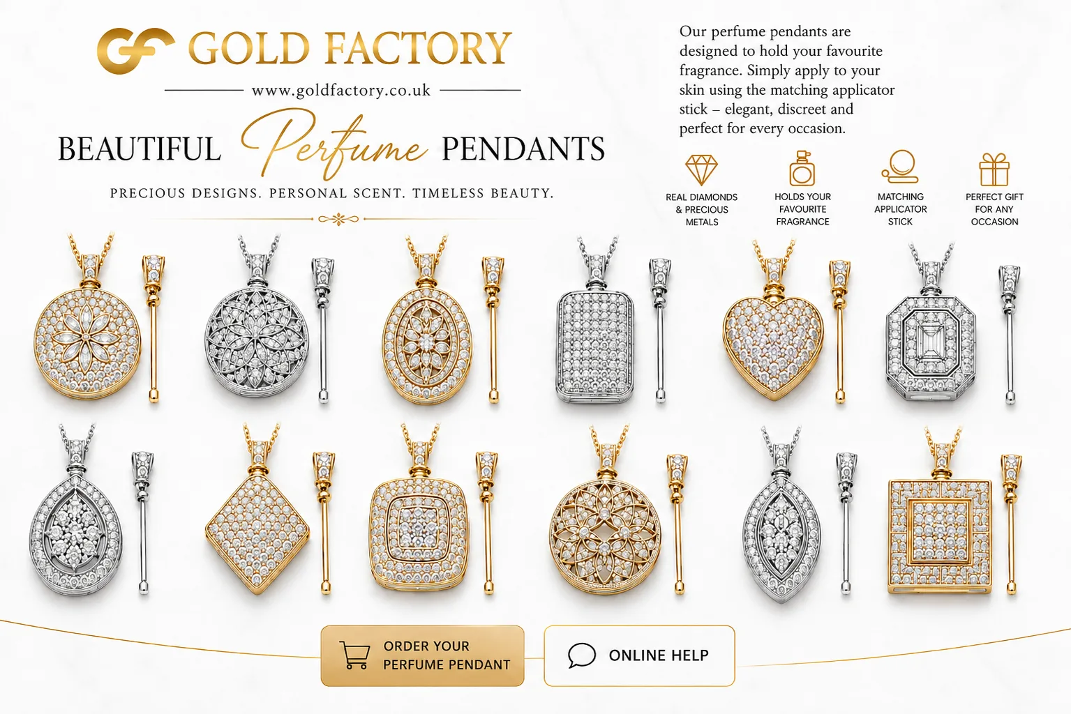 Perfume pendants from Gold Factory, diamond set gold and silver pendants that hold your fragrance