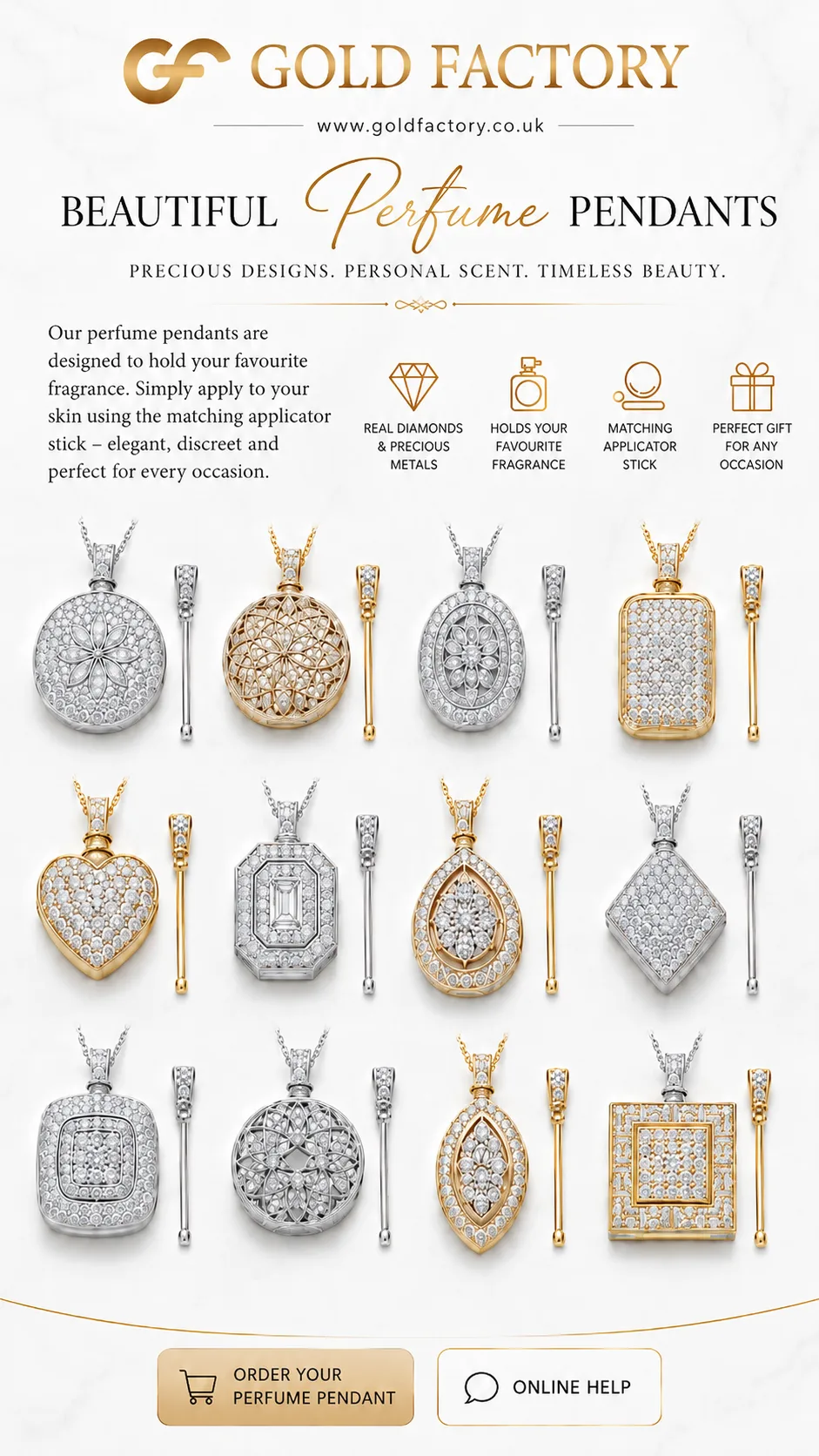 Perfume pendants from Gold Factory, diamond set gold and silver pendants that hold your fragrance