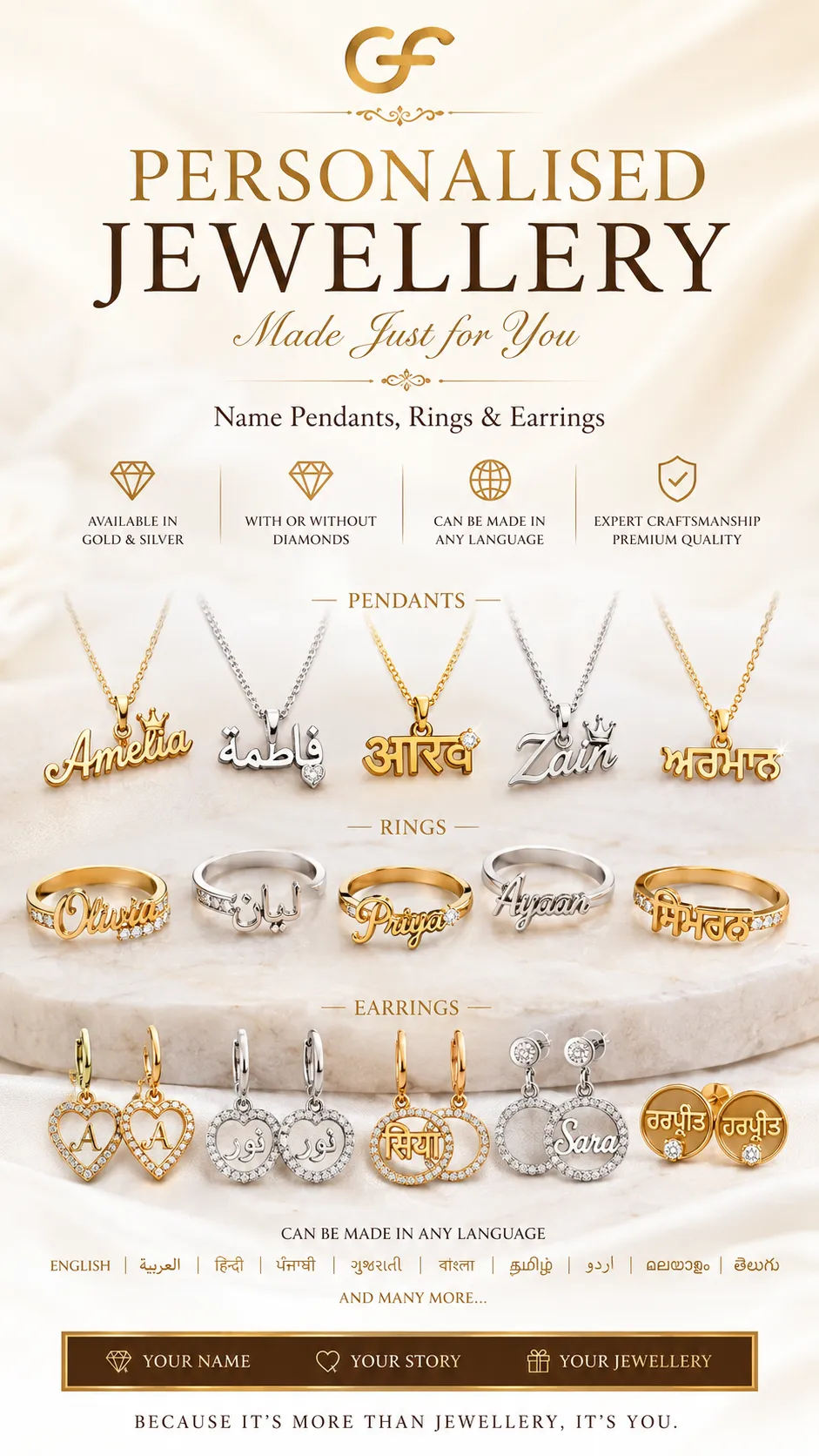 Personalised jewellery from Gold Factory, names, initials and custom made pieces