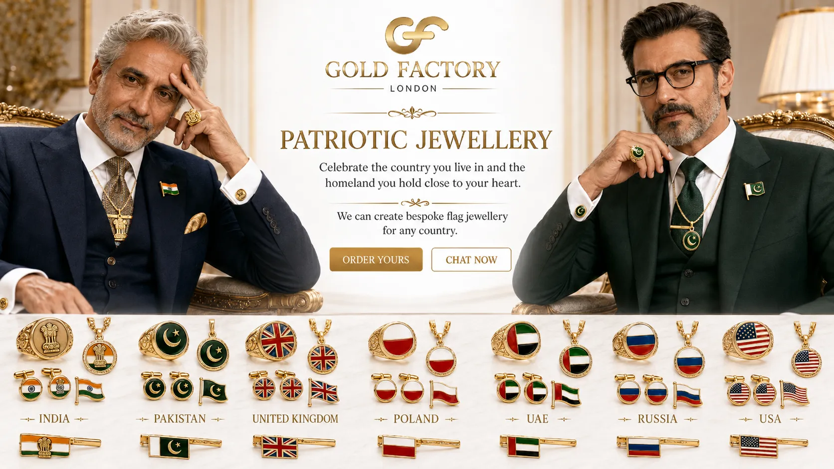 Patriotic jewellery from Gold Factory, bespoke flag pendants for India, Pakistan, the United Kingdom, Poland, the UAE, Russia and the USA