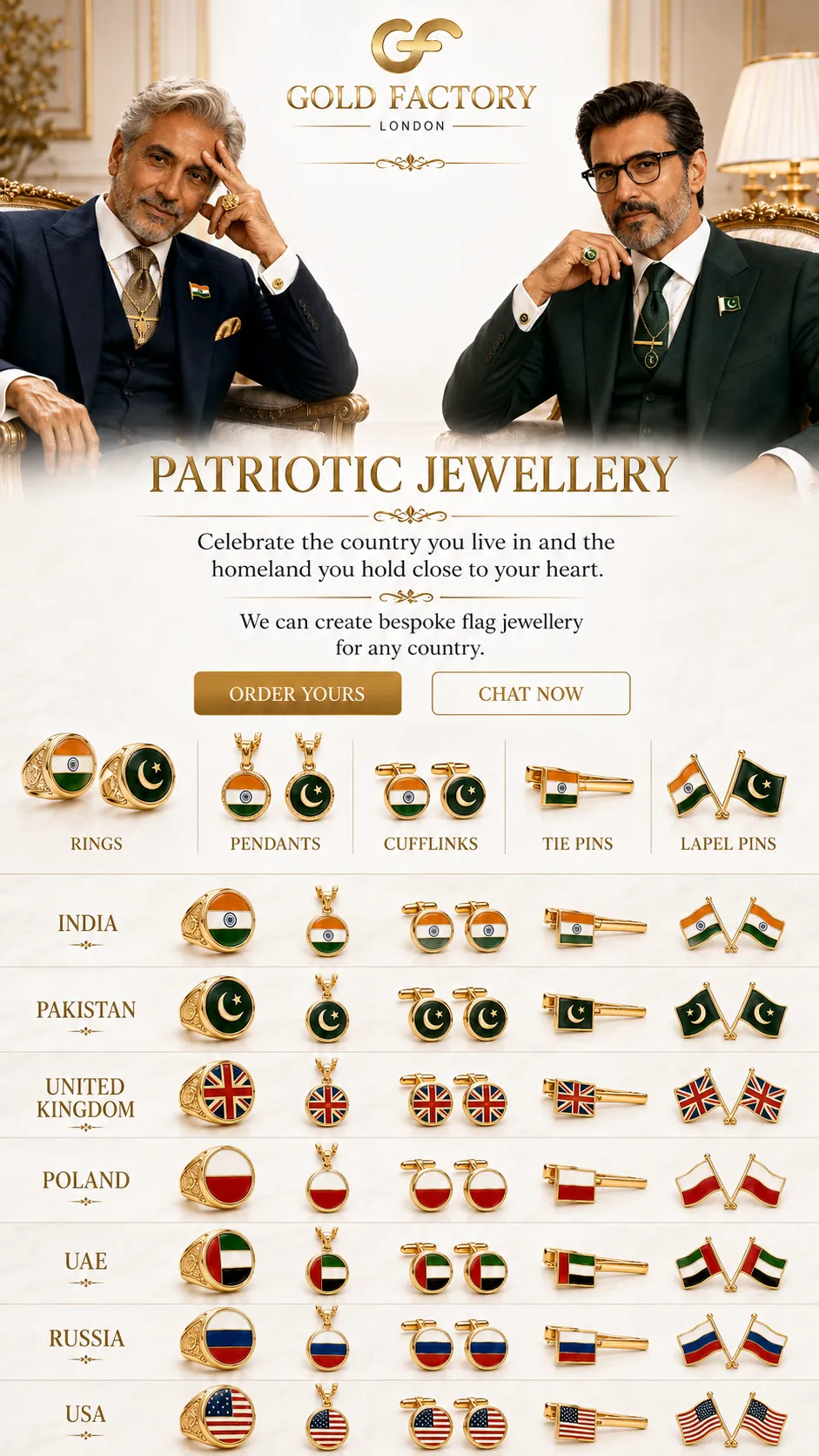Patriotic jewellery from Gold Factory, bespoke flag pendants for India, Pakistan, the United Kingdom, Poland, the UAE, Russia and the USA