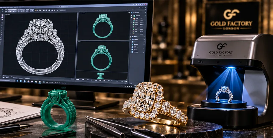CAD ring design on screen, green wax model, finished diamond ring and the Gold Factory 3D scanner