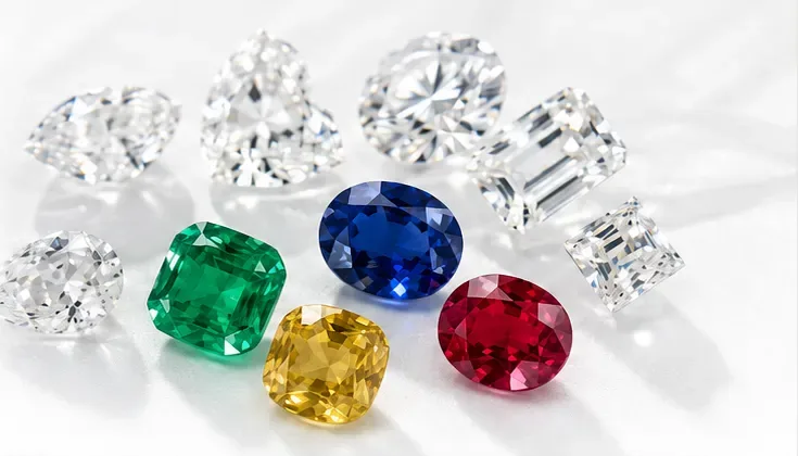 Loose diamonds, emerald, sapphire, ruby and yellow sapphire