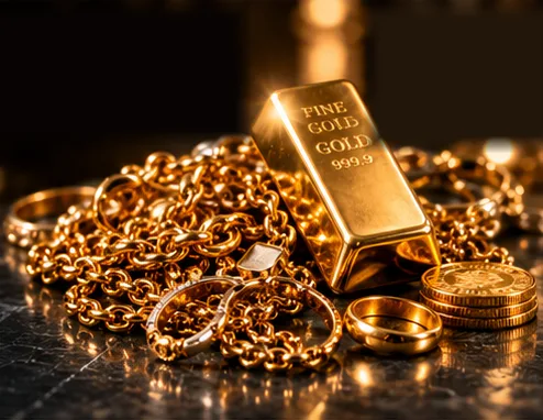 Gold bar, gold chains, rings and coins