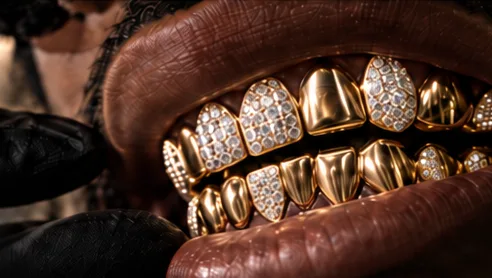 Diamond set gold grillz on a smile