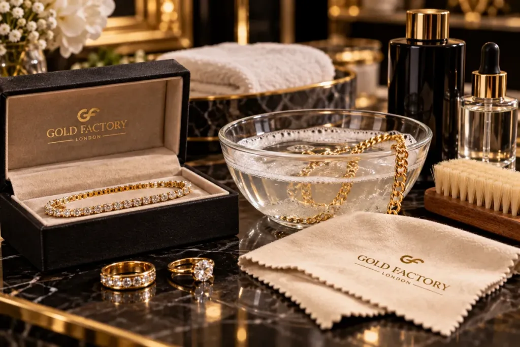Gold jewellery, a cleaning bowl and a polishing cloth on a marble surface