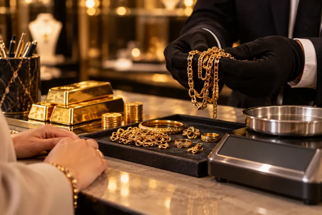 Gold jewellery on a scale, ready to be valued