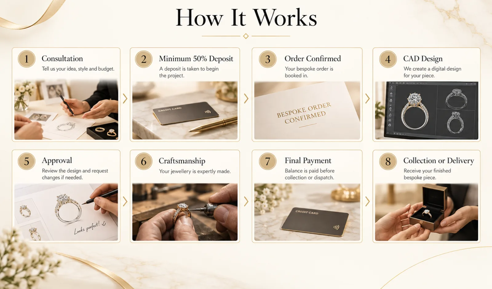 The eight steps of a bespoke commission, from consultation to collection