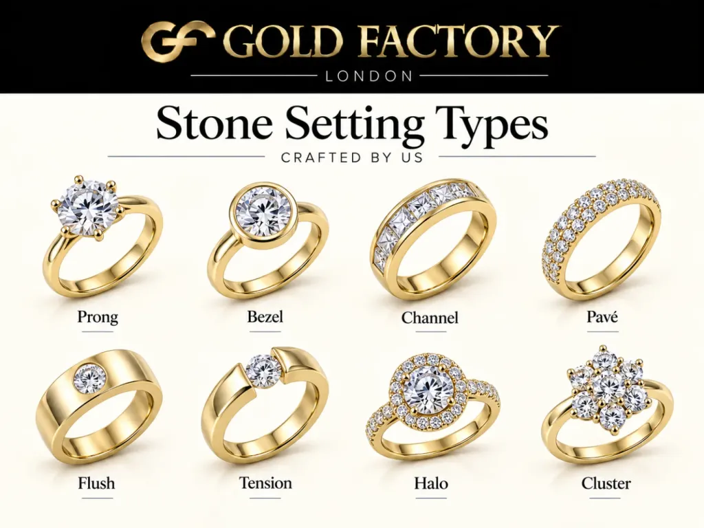 Prong, bezel, channel, pave, flush, tension, halo and cluster settings in gold